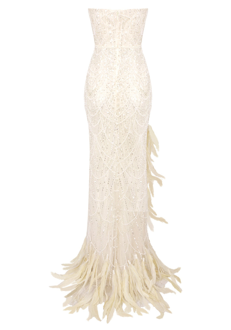 Daviel Strapless Crystal Sequin Feather Maxi Dress In Ivory