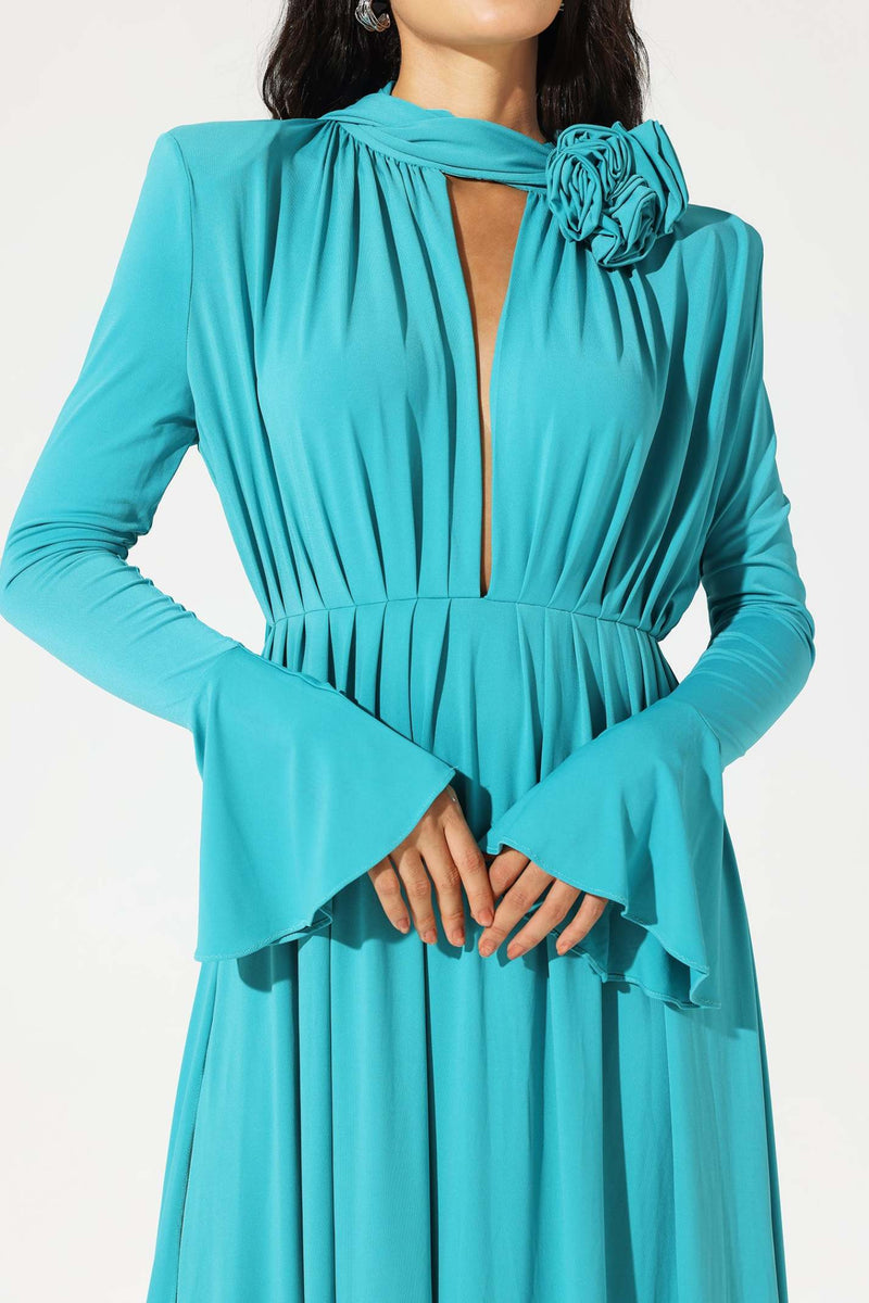 Abelia Lantern Sleeve High Collar Flower Slit Midi Dress In Blue