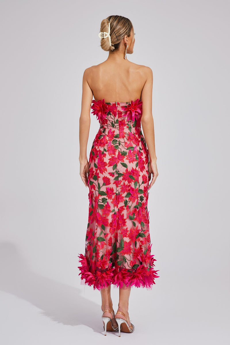 Chasity 3D Flower Embroidery Strapless Midi Dress In Rose Red