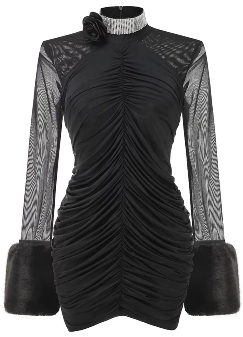 Aevorix Long Sleeve Fur Floral Mini Dress In Black