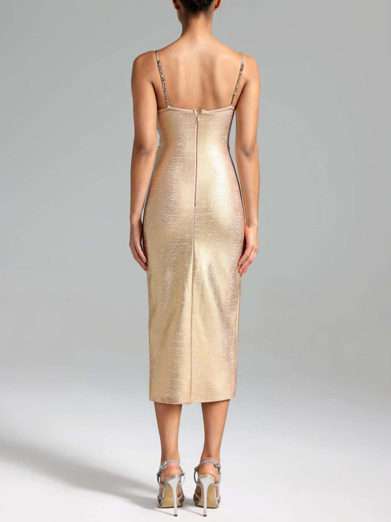 Larnell Pearls Cutout Slit Midi Dress In Champagne