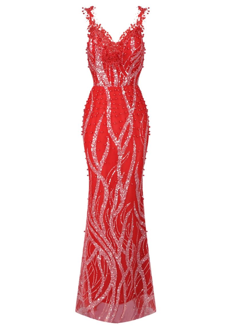 Tahlia Sequin Maxi Dress In Red Silver