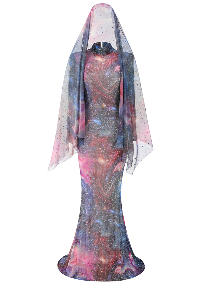 Lyn Long Sleeve Studded Maxi Dress In Galaxy