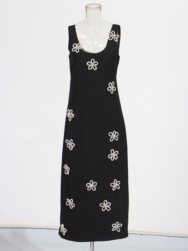 Safa Flower Crystal Embellished Midi Bandage Dress