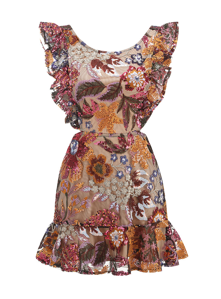 Slare Ruffle Floral Sequin Embroidered Mini Dress