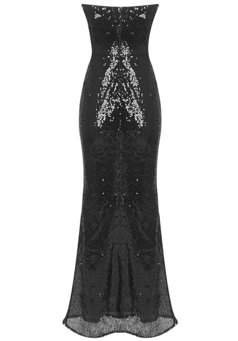 Crythia Strapless Lace Sequin Maxi Dress In Black