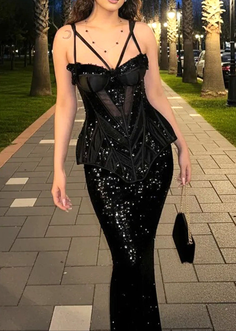 Limon Floral Sequin Bustier Maxi Dress In Black