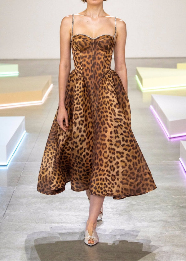 Jonalynn Animal Print Crystal Bustier A Line Midi Dress