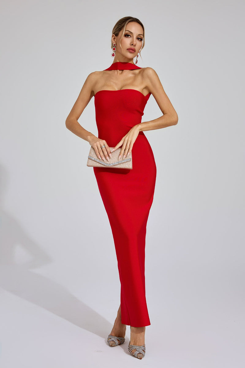 Karen Cutout Halter Backless Maxi Dress In Red