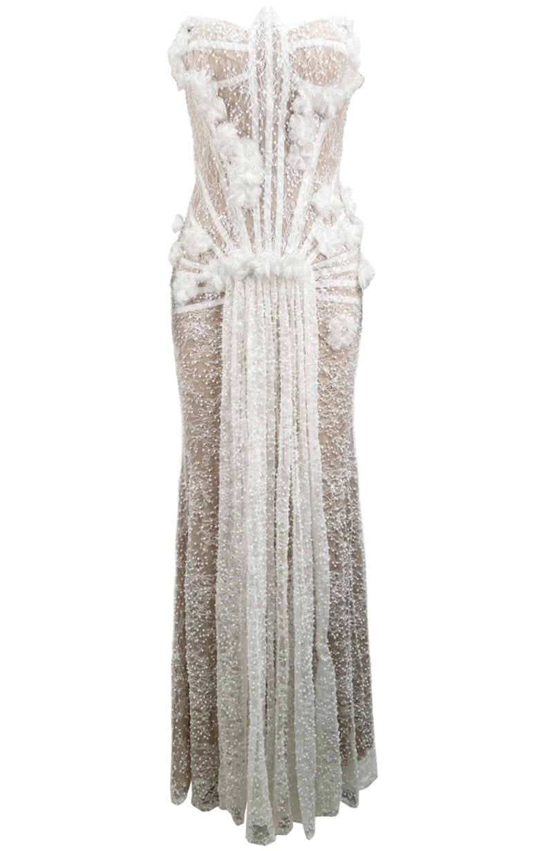 Kexar Strapless Pearl Sequin Lace Corset Maxi Dress In White