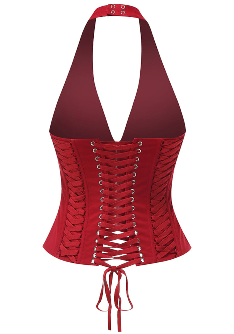 Kovriel Halter Lace Up Corset Top In Red