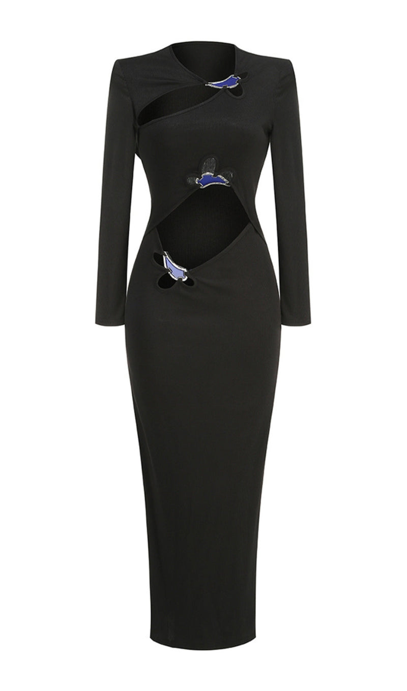 Katie Long Sleeve Cutout Ribbed Maxi Dress In Black