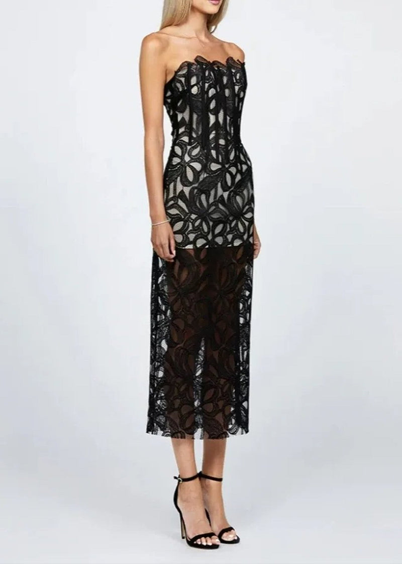 Avena Strapless Floral Corset Midi Dress In Black