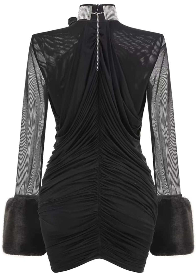 Aevorix Long Sleeve Fur Floral Mini Dress In Black