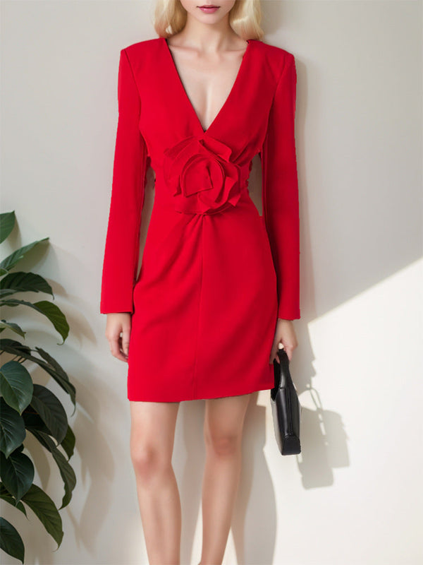 Natosha V Neck Flower Mini Dress In Red