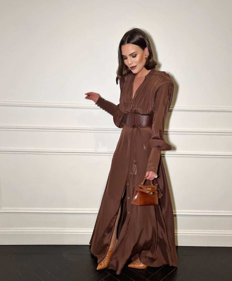 Wendie Long Sleeve Plunge V Neck Maxi Dress