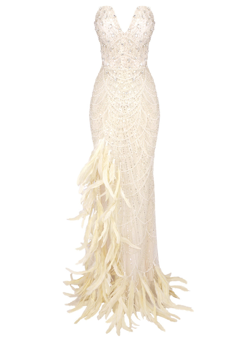 Daviel Strapless Crystal Sequin Feather Maxi Dress In Ivory