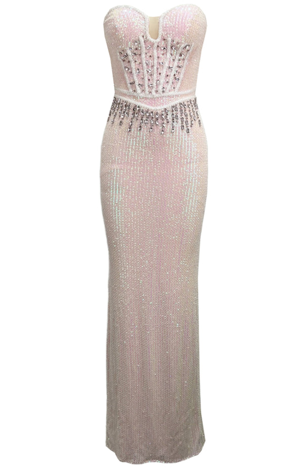 Zexmir Strapless Bustier Crystal Sequin Maxi Dress In Pink