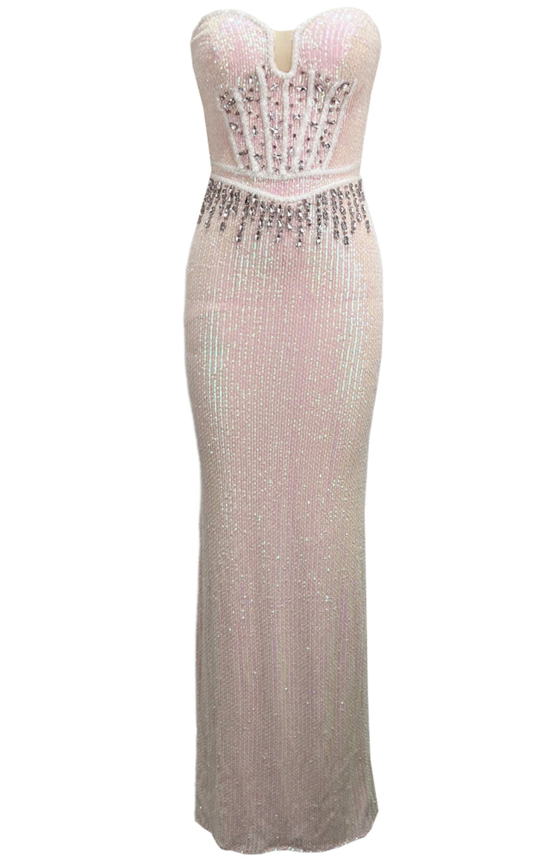 Zexmir Strapless Bustier Crystal Sequin Maxi Dress In Pink
