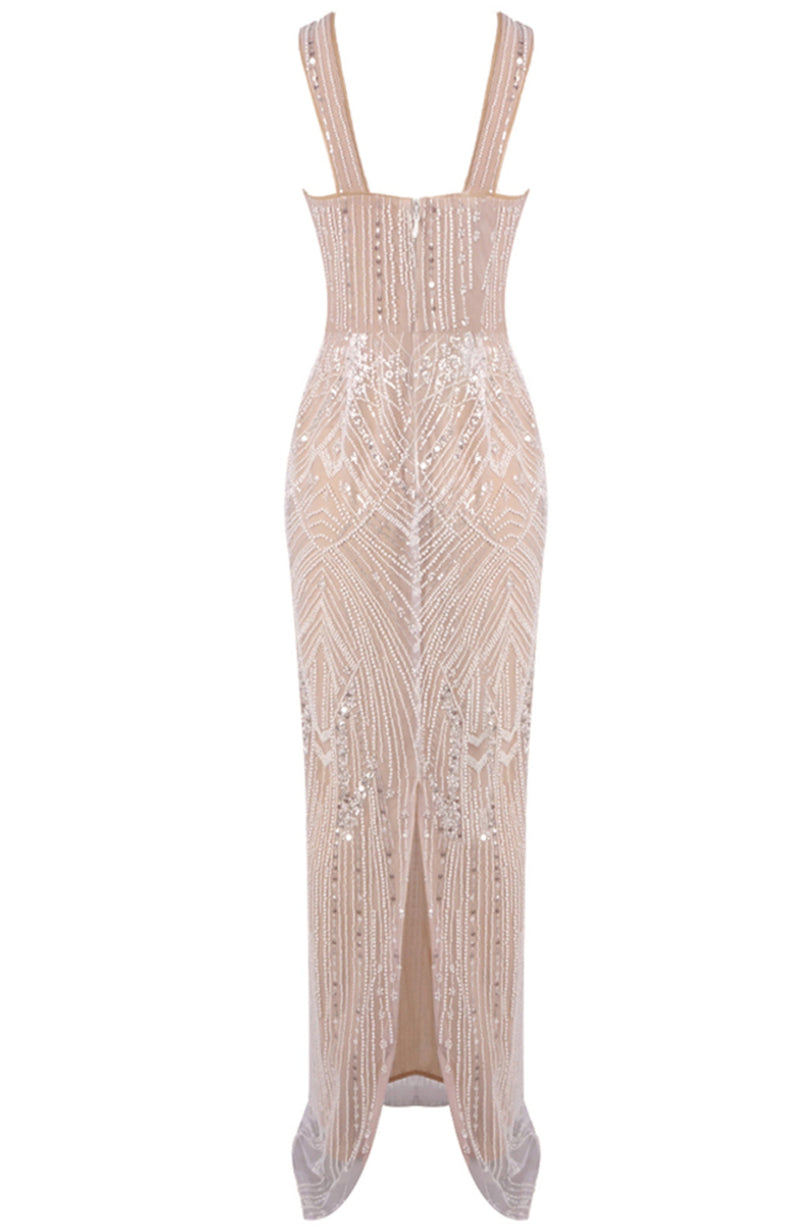 Ozron Crystal Pearl Sequin Maxi Dress In Nude