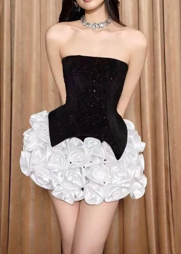 Aindrea Sparkly Strapless Floral Corset Mini Dress In Black White