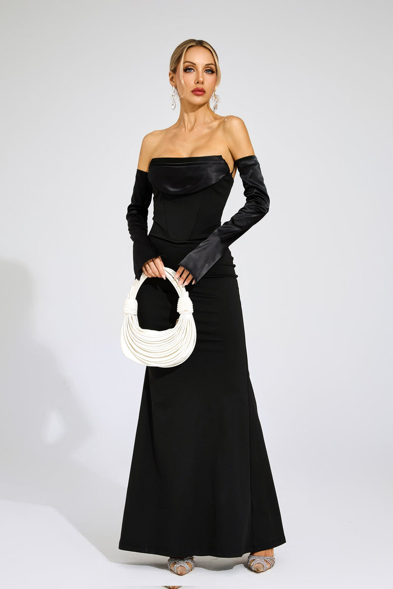 Radka Long Sleeve Strapless Draped Maxi Dress In Black