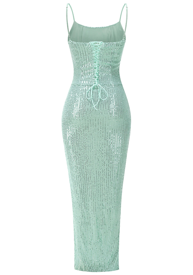 Wylda Sequin Corset Maxi Dress In Green
