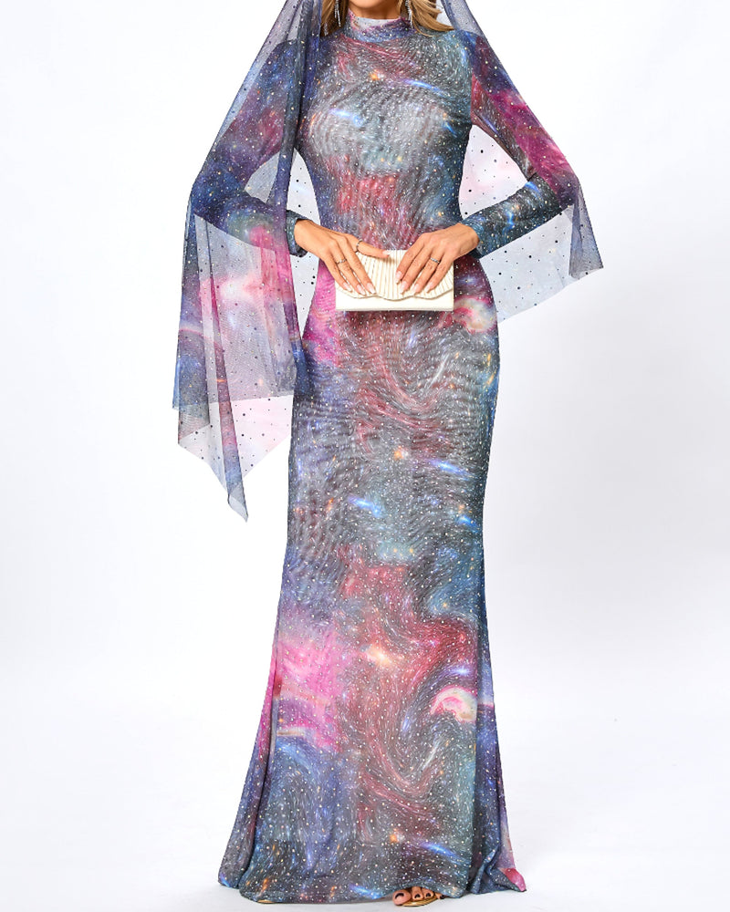 Lyn Long Sleeve Studded Maxi Dress In Galaxy