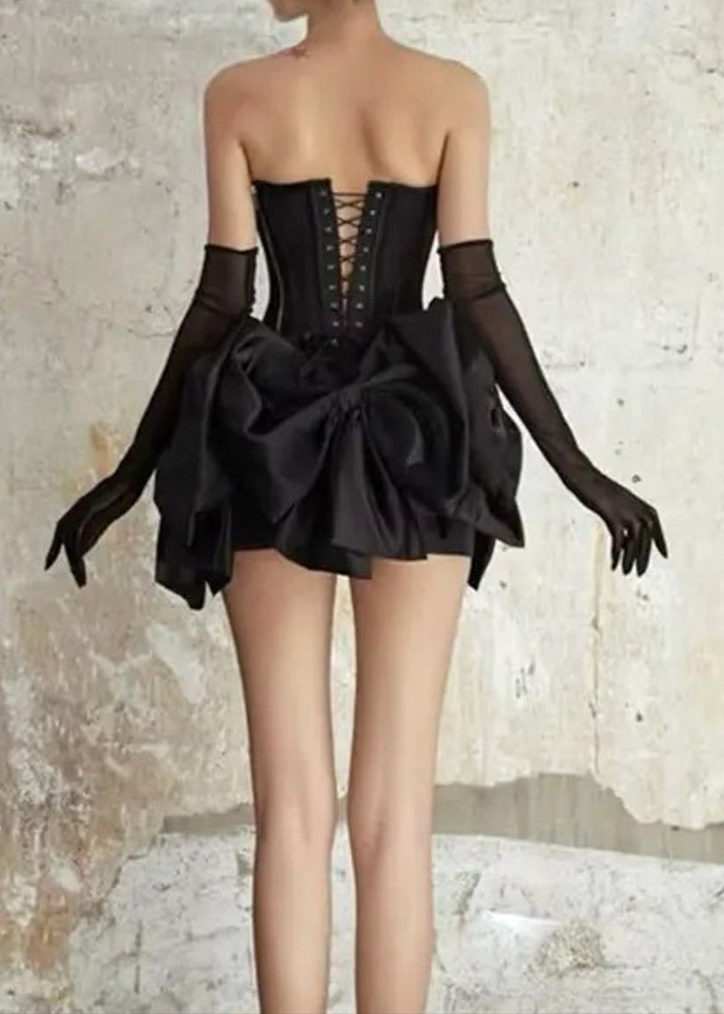 Cyrren Strapless Floral Bow Corset Two Piece Dress In Black