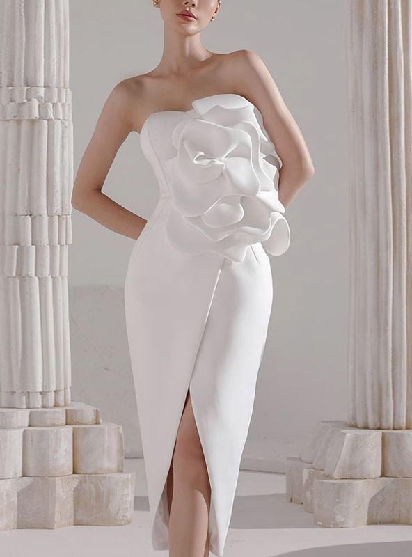 Penrose Strapless Dress With Floral Embellishments In White