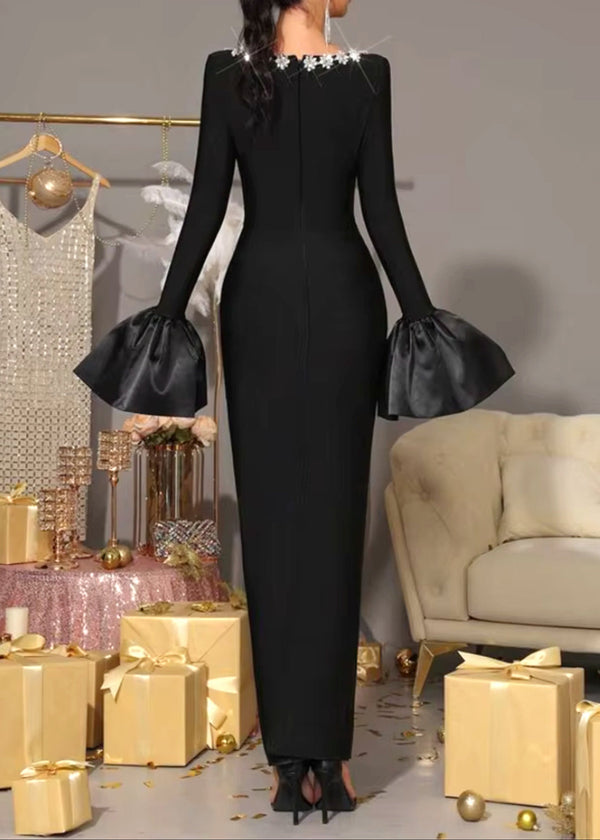 Vyxaria Long Sleeve Crystal Neckline Maxi Dress In Black