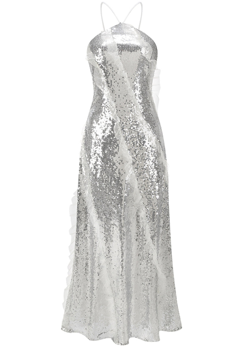 Pandeia Halter Ruffle Detail Sequin Maxi Dress In Silver