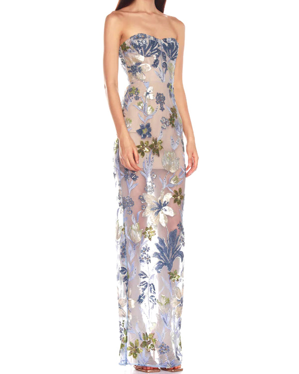 Yvoryth Strapless Sequin Embroidered Floral Maxi Dress In Blue