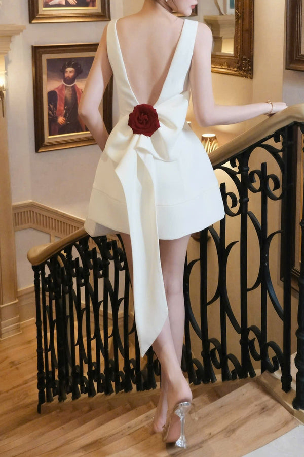 Ulyxar Backless Flower Bow Embellished Mini Dress In White