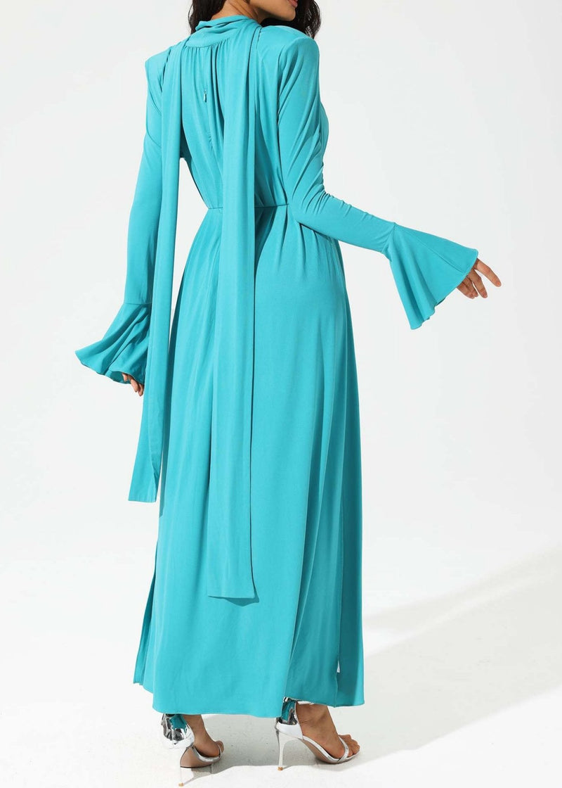 Abelia Lantern Sleeve High Collar Flower Slit Midi Dress In Blue