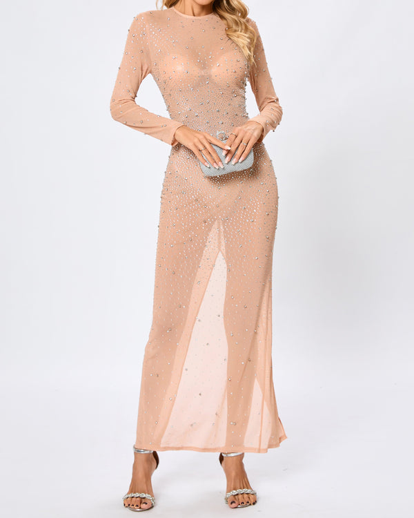 Hilaria Long Sleeve Crystal Mesh Maxi Dress In Nude