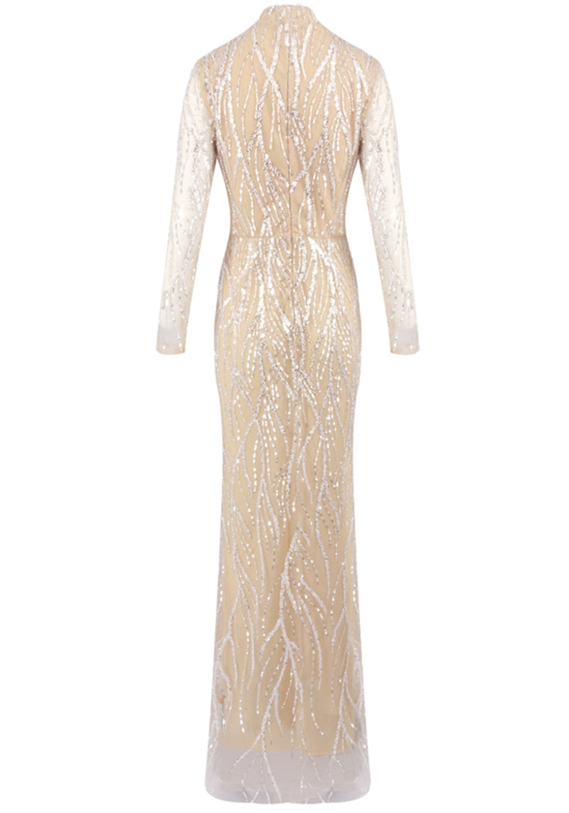 Charnita Long Sleeve Sequin Pearl Maxi Dress In Nude