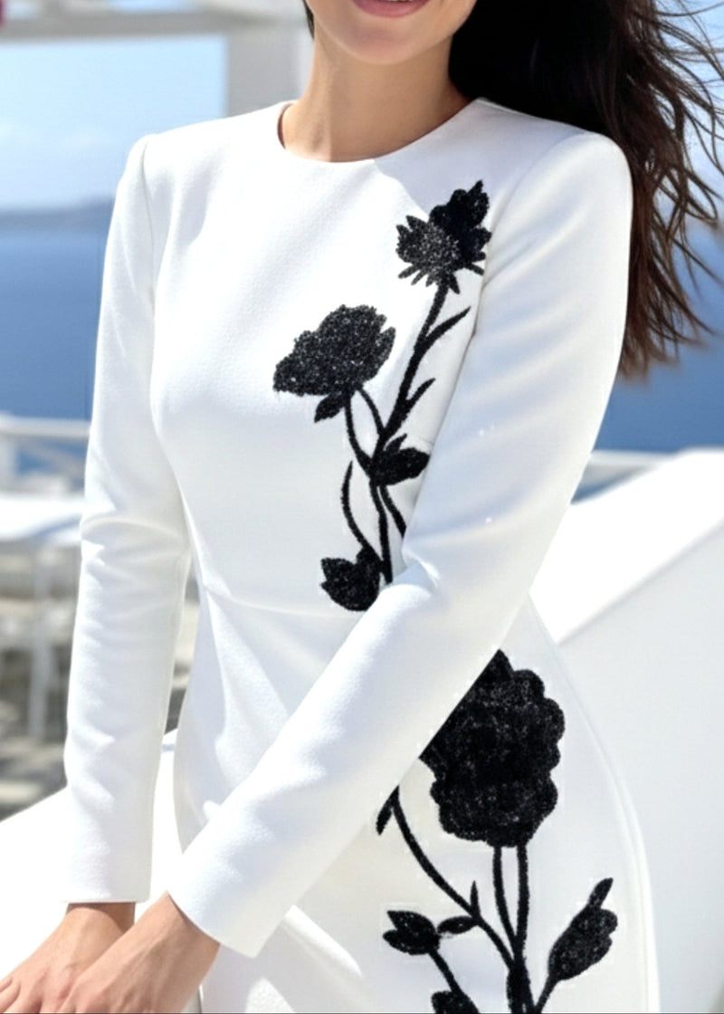 Kaseko Long Sleeve Sequin Floral Detail Mini Dress In White