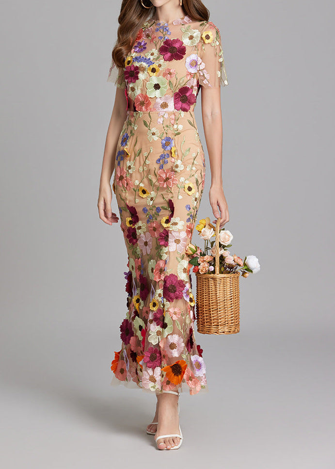 Chesley Floral Embroidery Mesh Fishtail Midi Dress In Brown