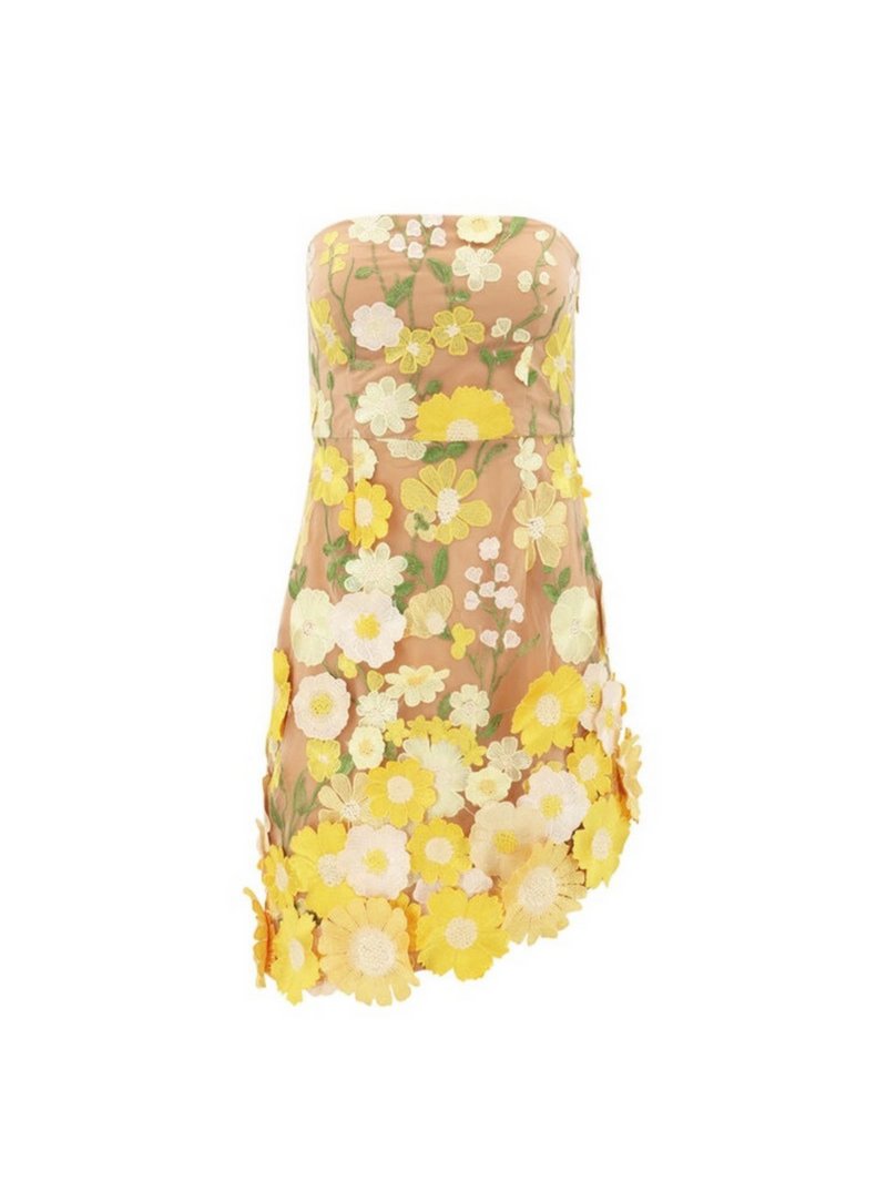 Paprika Strapless Embroidered Flower Mini Dress