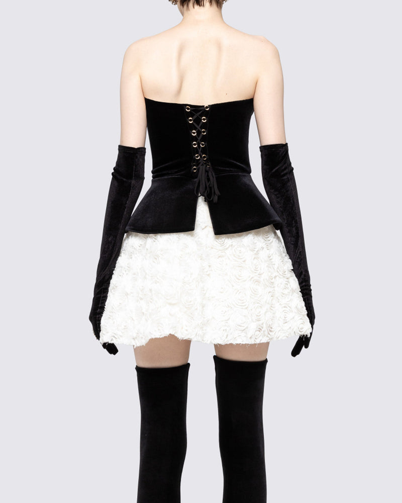 Renaud Strapless Corset Floral A Line Velvet Mini Dress In Black White