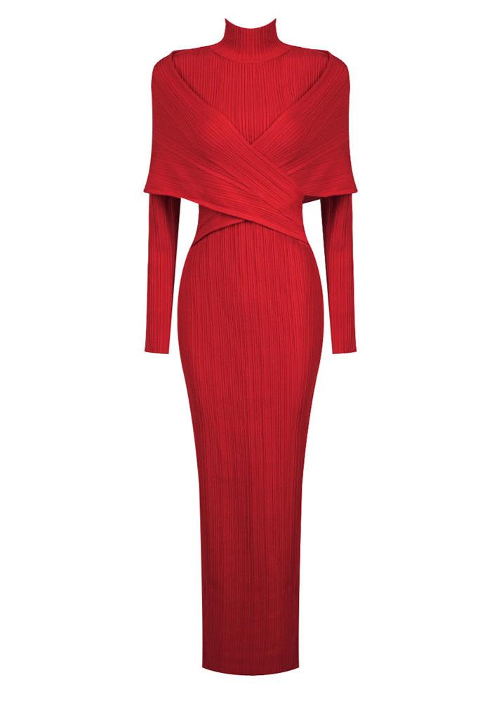 Sheadon Long-Sleeve Cross-Knit Jacquard Bandage Dress In Red