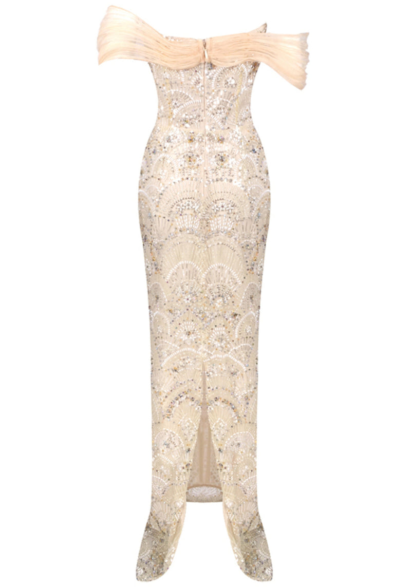 Rhenja Bardot Sequin Bustier Maxi Dress In Peach