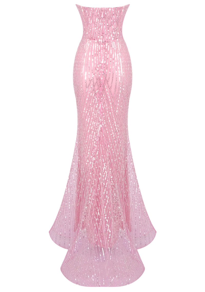 Adriel Strapless Crystal Bustier Sequin Maxi Dress In Pink