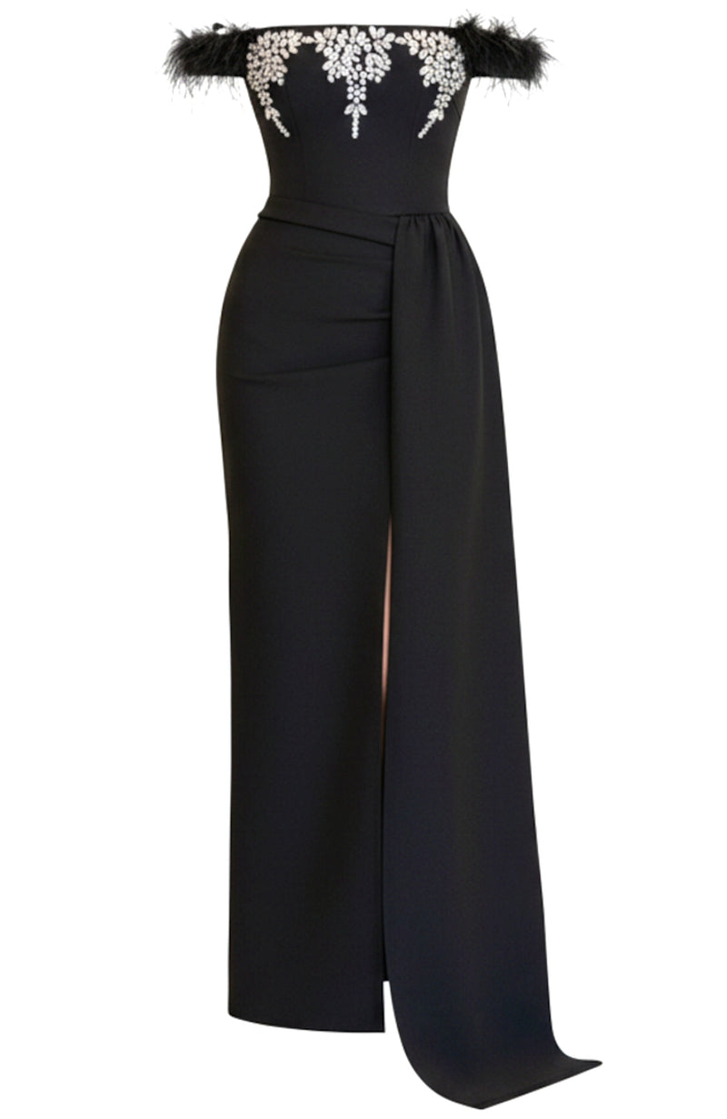 Naldrix Feather Bardot Crystal Maxi Dress In Black