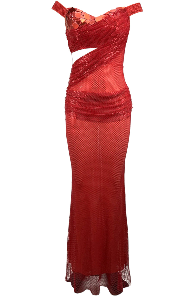 Kyrithia Mirrored Bardot Sparkly Draped Maxi Dress In Red