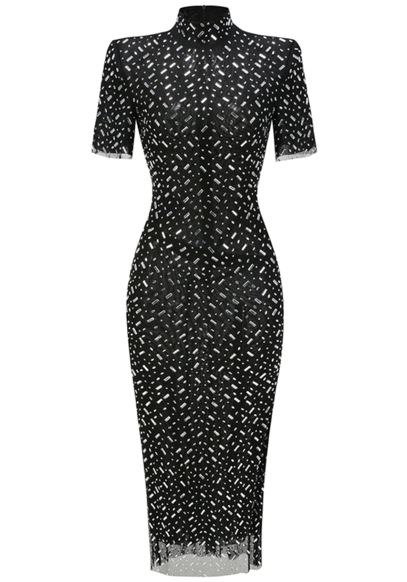 Maelthas Short Sleeve Crystal Mesh Maxi Dress In Black