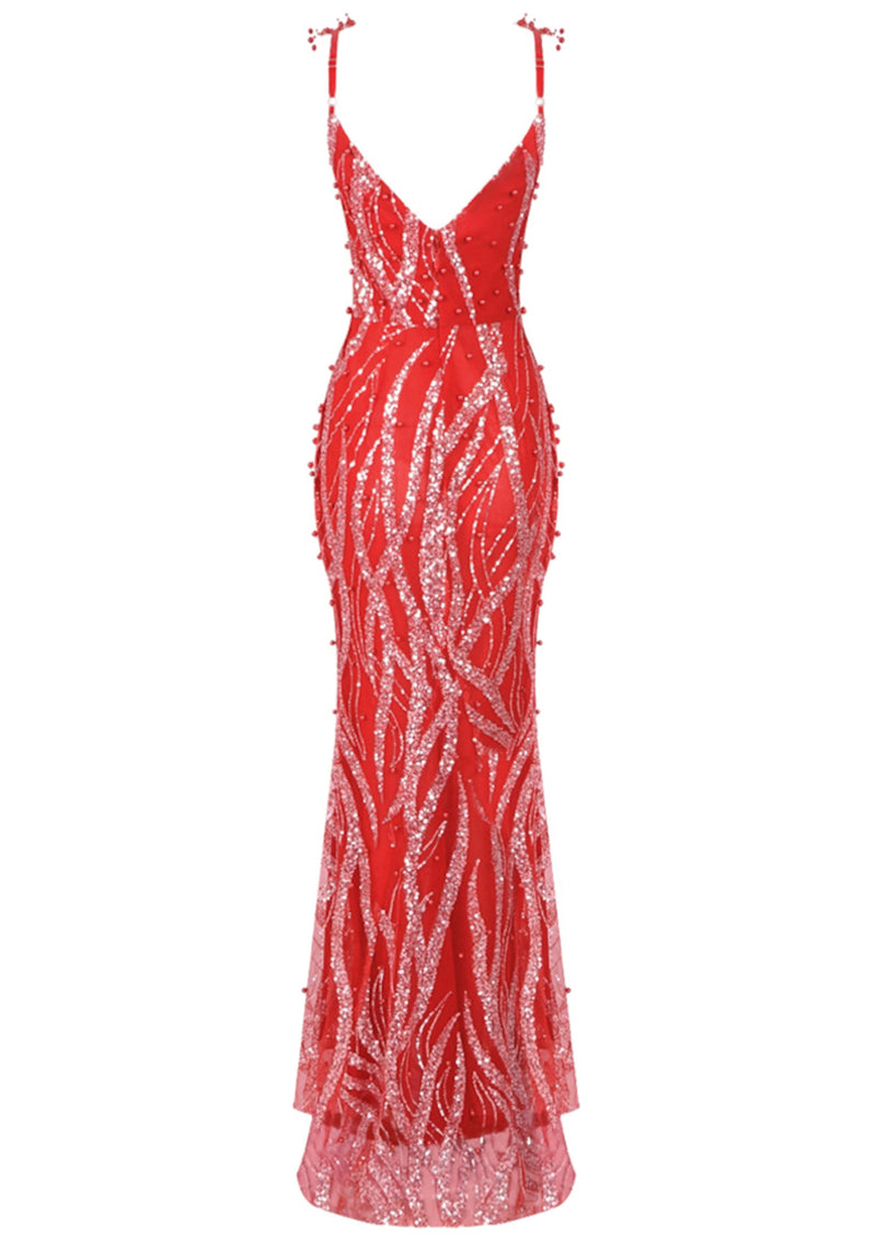 Tahlia Sequin Maxi Dress In Red Silver