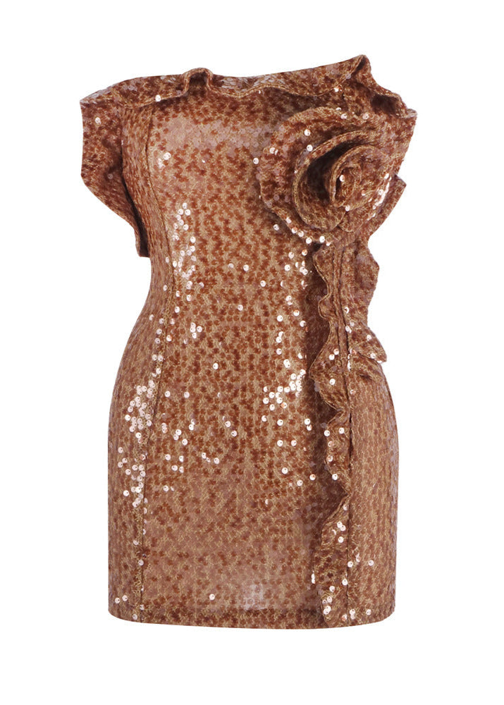 Jawahir Strapless Sequin Floral Ruffle Mini Dress In Brown