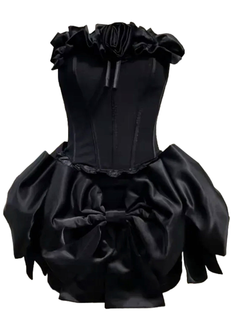 Cyrren Strapless Floral Bow Corset Two Piece Dress In Black